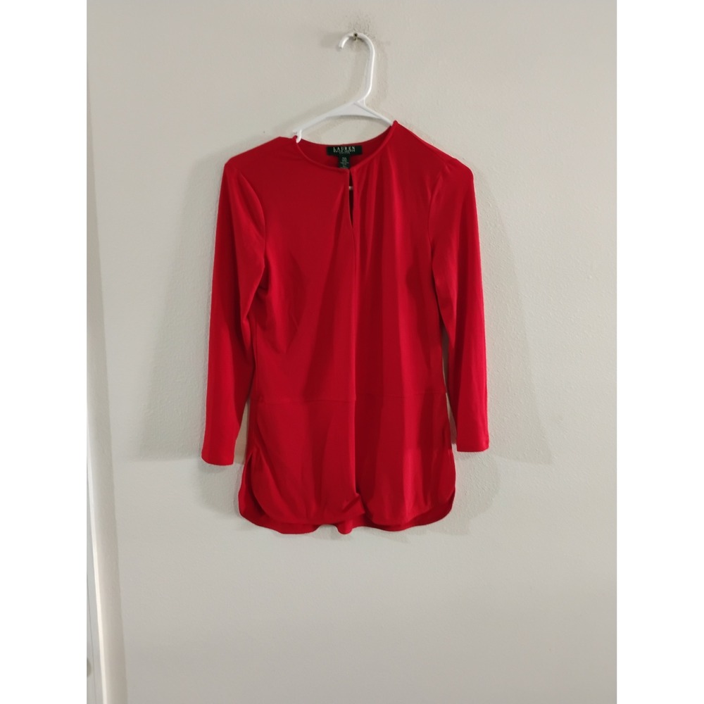 Lauren Ralph Lauren Petite Red Keyhole Long Sleeve Tulip Hem Tunic Top PXS